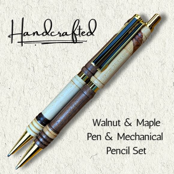 Handcrafted Wood Pen + Mechanical Pencil Set Walnut & Maple Click Style USA - Picture 1 of 7